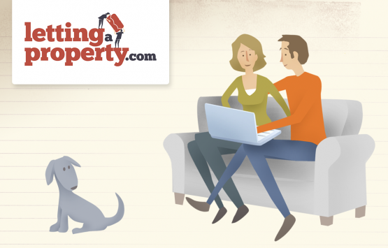 Cartoon characters showing a man and women sat on a couch with laptop researching which online letting agents to choose.
