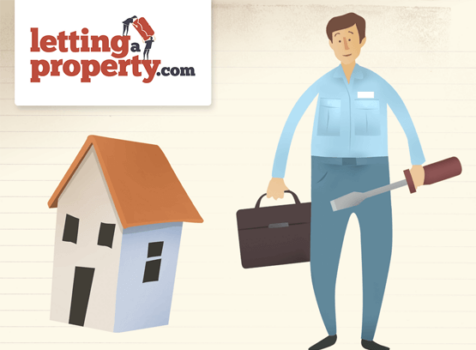Cartoon male standing next to a house holding a suitcase in one hand and screwdriver in the other.