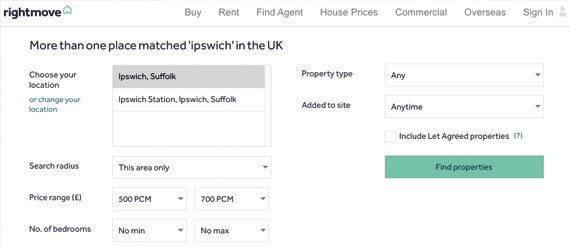 Rightmove website searching for property to rent